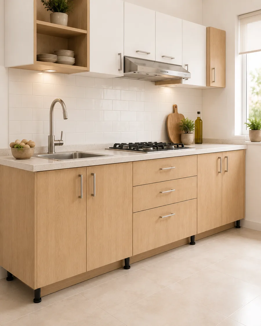 Cocina con gabinetes modulares IMD: muebles aéreos blancos y bases en madera clara