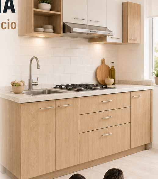Cocina armada con módulos IMD en melamina café claro y blanca
