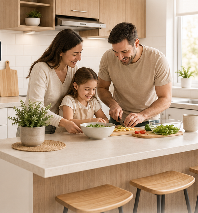 Familia cocinando en una cocina modular IMD